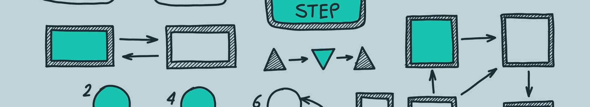 Ilustração de fluxogramas e diagramas representando processos para desenhar arquitetura de software de forma organizada e visual.