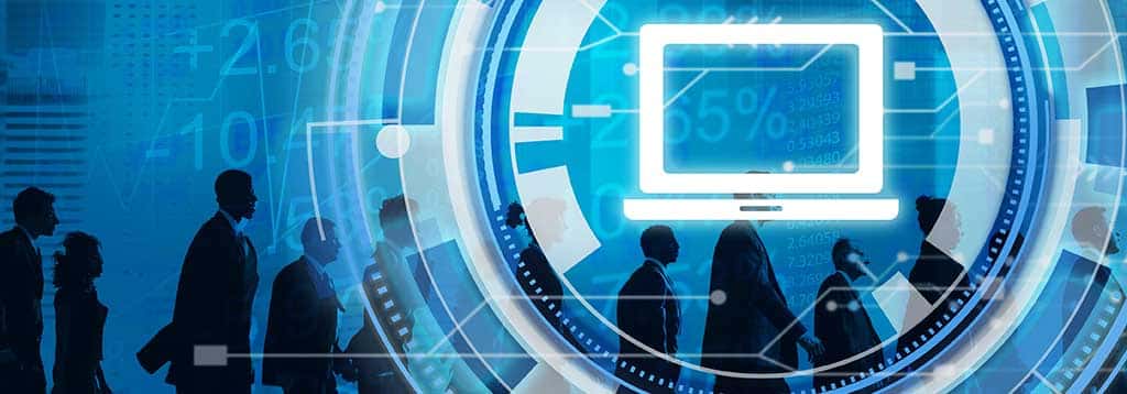 Ilustração de pessoas conectadas a tecnologia digital com ícone de computador, representando o uso de máquinas virtuais online.