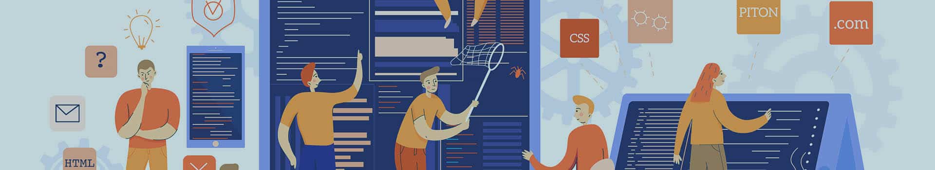 Ilustração de vários desenvolvedores colaborando em um ambiente digital, representando diferentes visões em arquitetura de software.