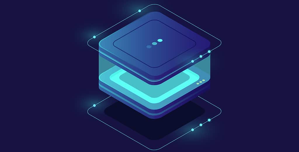 Ilustração isométrica de camadas digitais conectadas, simbolizando o que é o Oracle VirtualBox e a virtualização de sistemas com esse software.