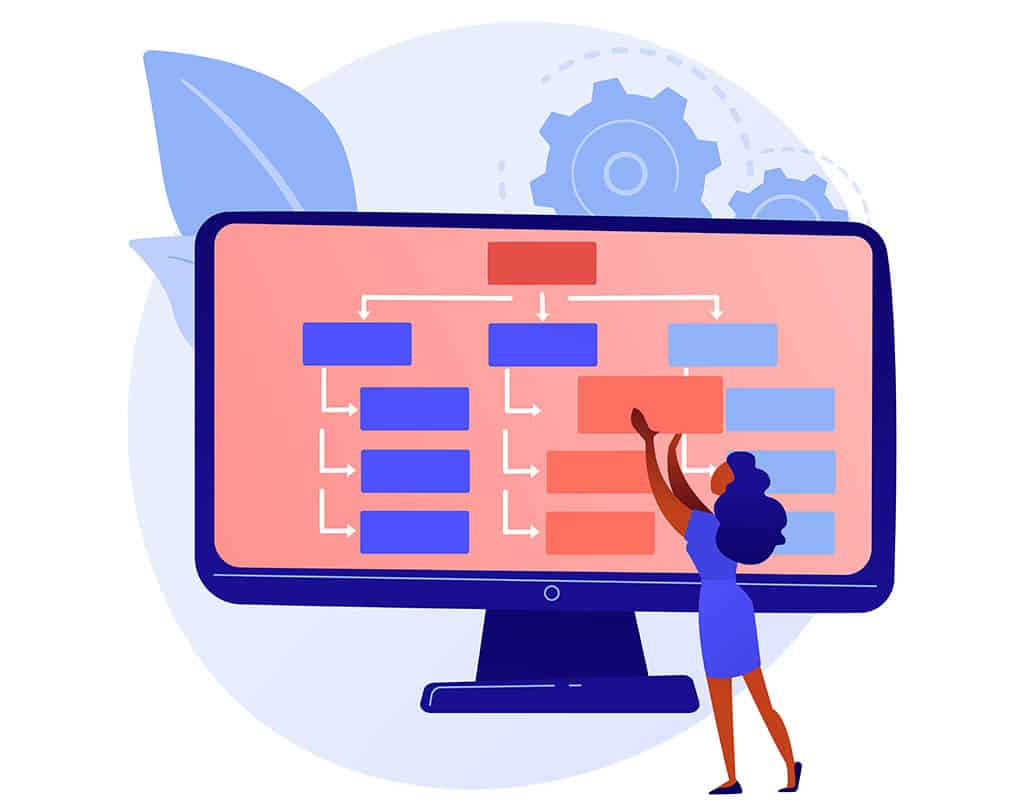 Ilustração conceitual de padrões de arquitetura de software, representando um diagrama organizacional com profissionais analisando sua estrutura.