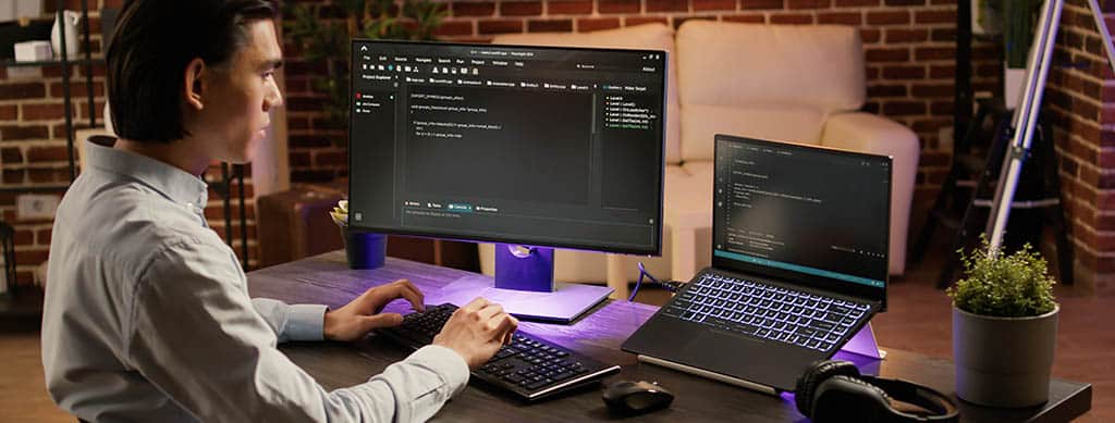 Profissional de TI utilizando o InterMapper para monitoramento de rede em um ambiente de trabalho, analisando dados e segurança do sistema.