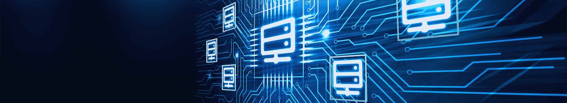 Representação digital da virtualização com Xen, destacando servidores interconectados e circuitos tecnológicos.