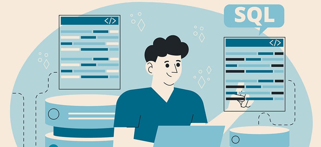 Ilustração de desenvolvedor trabalhando com SQL e bancos de dados, representando uma das ferramentas back-end essenciais para armazenamento de dados.