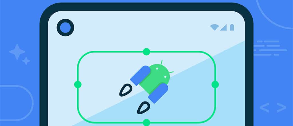 Ilustração representando o desenvolvimento de aplicativos no Android Studio, com o mascote Android e elementos de interface digital.