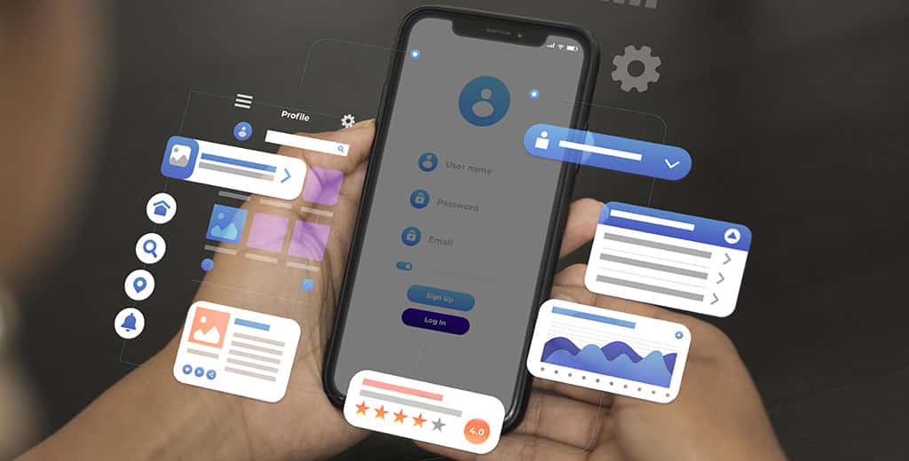 Mão segurando smartphone com interface digital interativa exibida, representando como melhorar o desempenho com o modo android desenvolvedor.