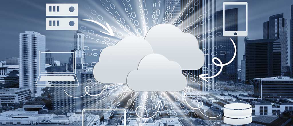 Ilustração de Cloud VM conectando servidores, computadores e dispositivos móveis, representando a computação em nuvem e a virtualização de sistemas.