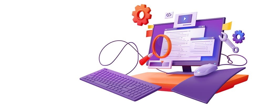 Ilustração 3D representando o que um arquiteto de software deve saber, como desenvolvimento e testes de código.