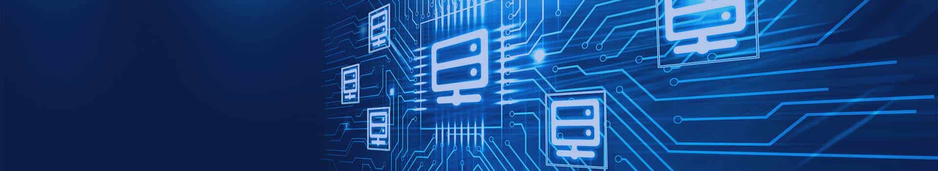 Representação digital de infraestrutura de TI com circuitos e servidores conectados, simbolizando a eficiência e monitoramento de redes com SolarWinds.