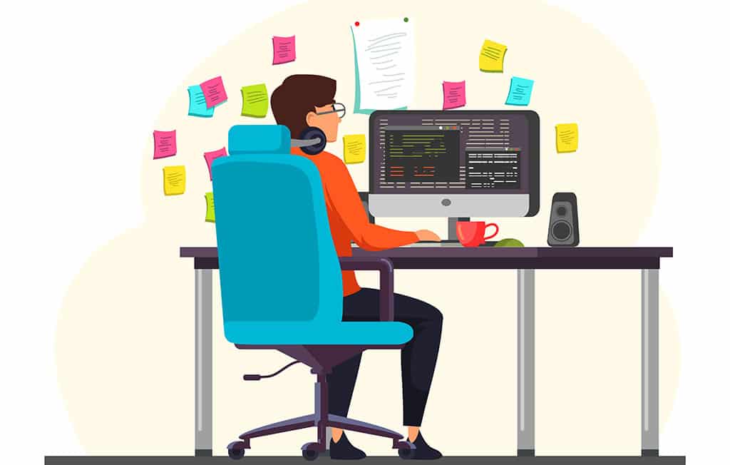 Ilustração de o que faz arquiteto de software, mostrando um profissional programando em um computador, cercado por anotações e planejando sistemas.