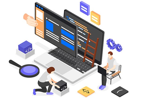 Ilustração isométrica representando arquitetura de hardware e software, com designers e desenvolvedores construindo interfaces digitais em um laptop.