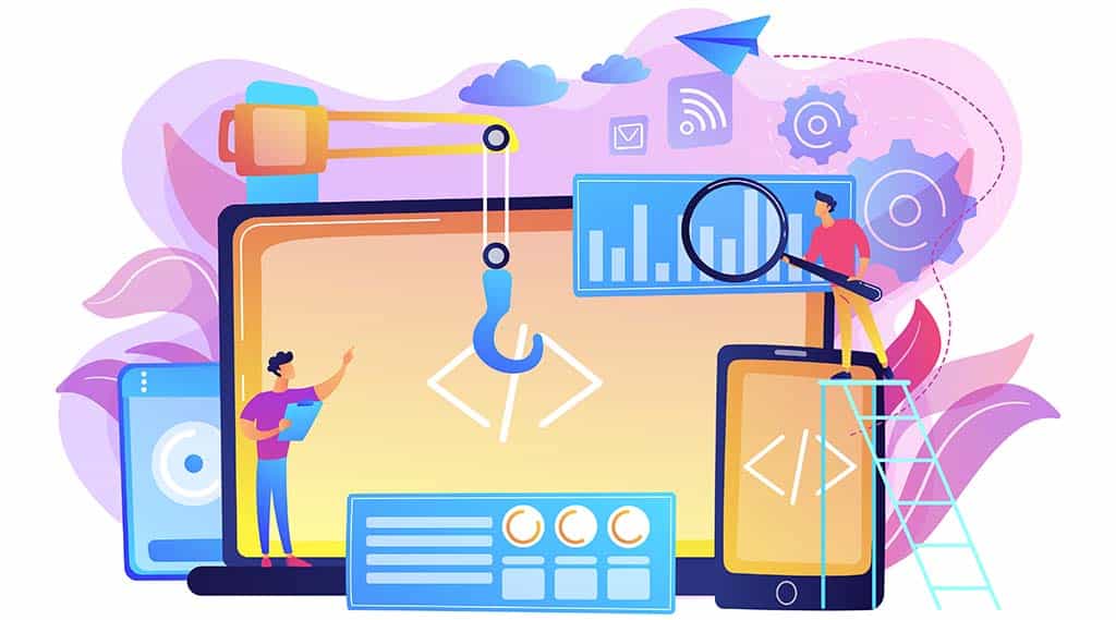Ilustração abstrata mostrando o desenvolvimento de arquitetura de hardware e software, com programadores e elementos digitais interativos.