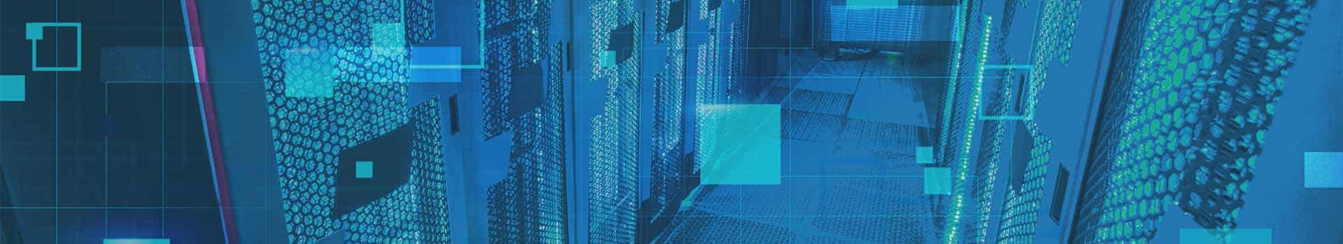 Data center iluminado com servidores conectados, representando o monitoramento de servidores e a infraestrutura digital.